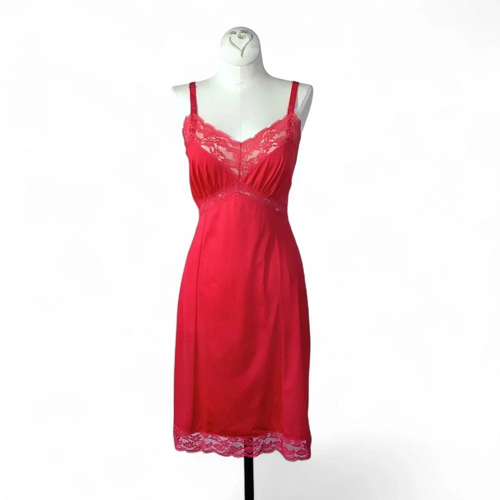 1960s Crimson Red Nylon Slip Dress Small - Picture 5 of 9
